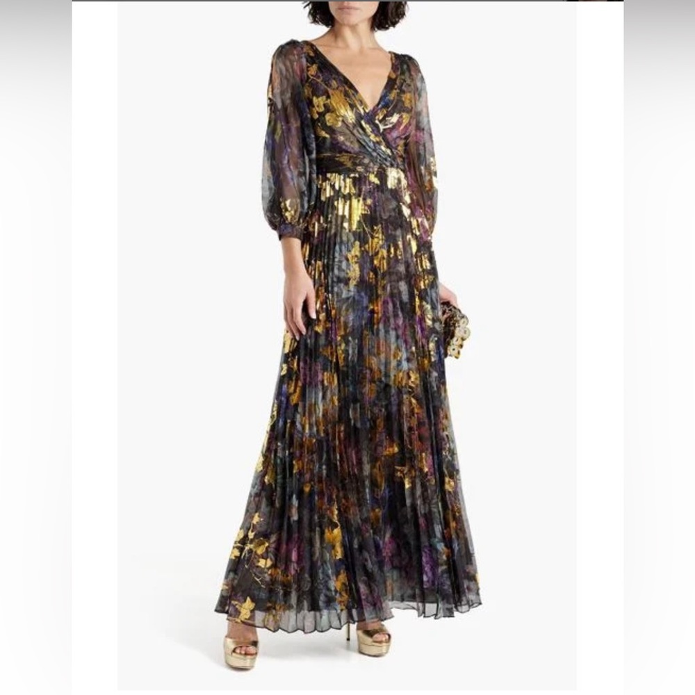 Marchesa notte womens black-floral print metallic chiffon gown
